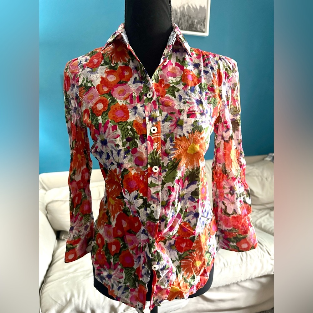 HD in Paris Red and Orange 3/4 Sleeve Button Down Shirt with Dress Collar